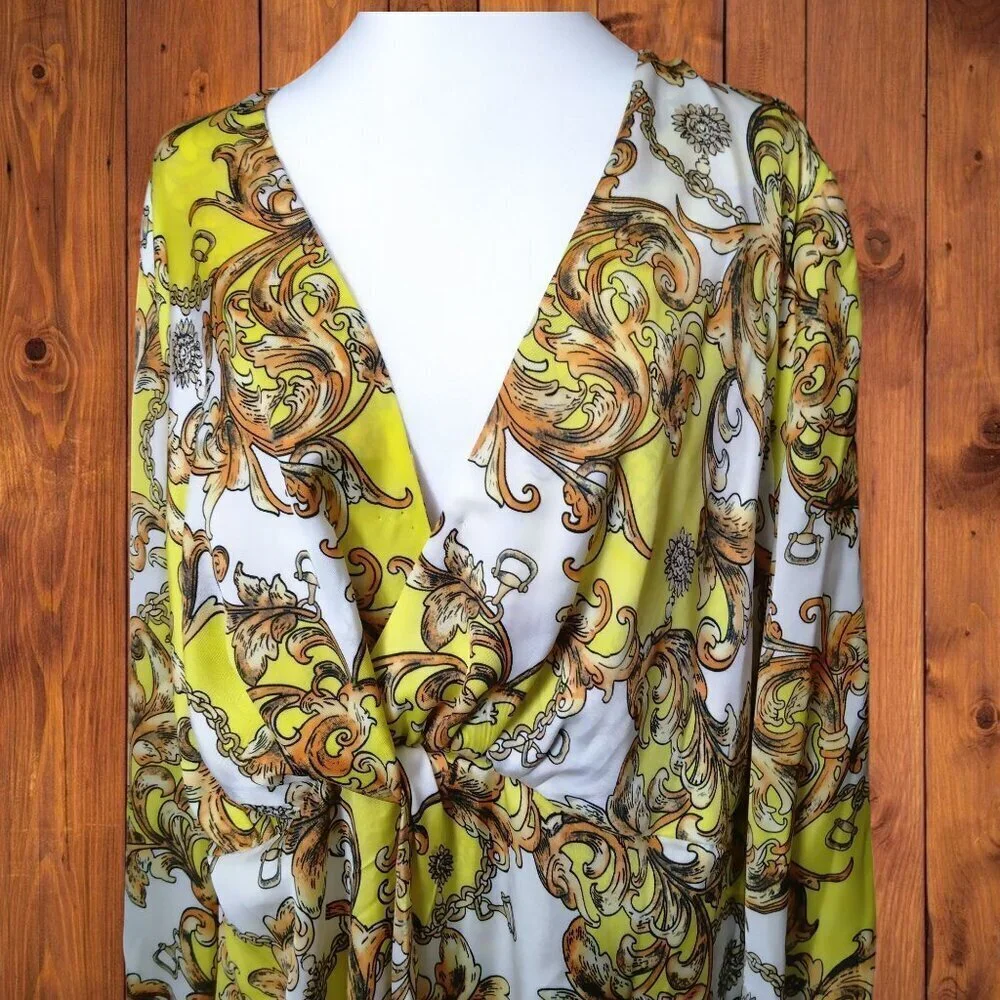 Forever 21+ Size  1X Faux Wrap Long Slit Sleeve Paisley Boho V-Neck Dress